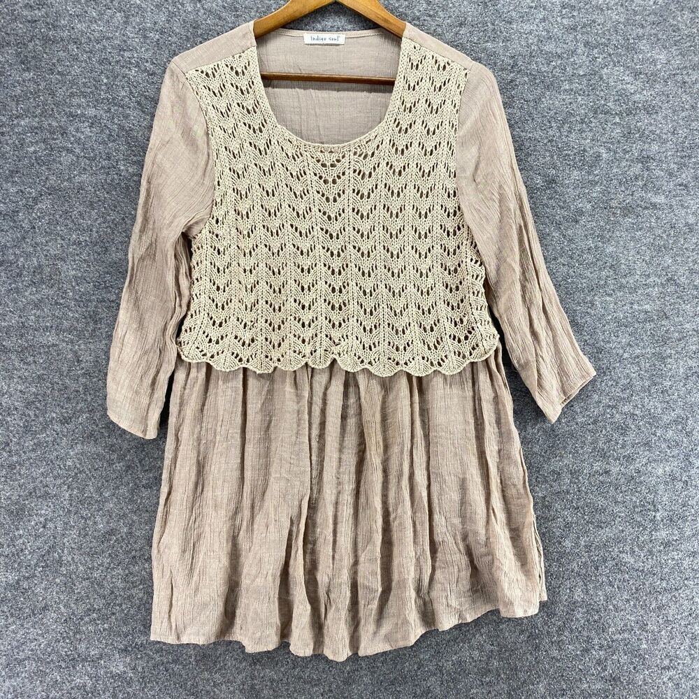 Indigo Soul Blouse Women M Medium Beige Geometric Crochet 3/4 Sleeve Pullover
